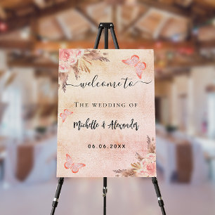 Pampas rose gold floral butterfly welcome wedding foam board