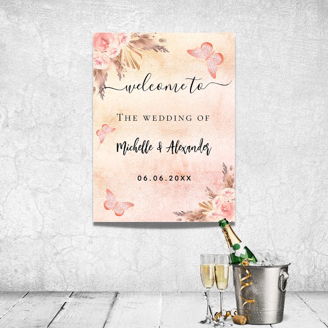 Pampas rose gold floral butterfly welcome wedding poster (Creator Uploaded)