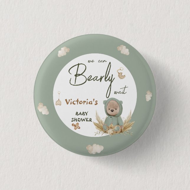 Pampas Teddy Bear Green Baby Shower Favor  Button (Front)