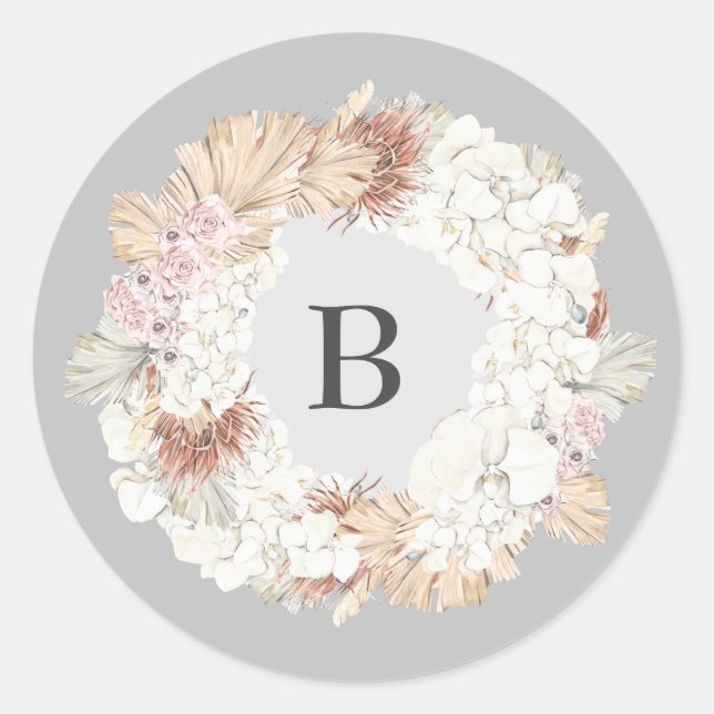 Pampas Ultimate Wreath Elegant Monogram Gray Classic Round Sticker (Front)