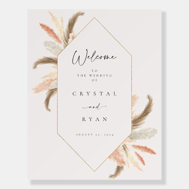 Pampas Welcome Sign Gold Boho Wedding Decor C100 (Front)