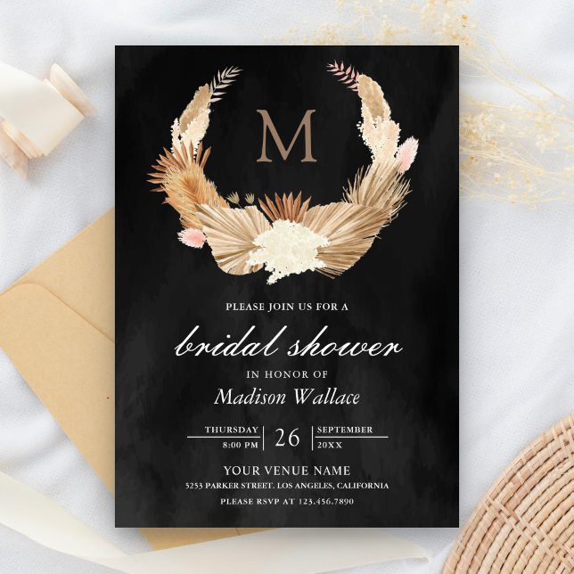 Pampas Wreath Dried Palm Black Bridal Shower Invitation (Creator Uploaded)