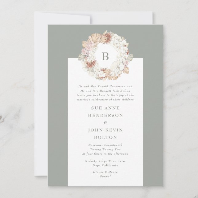 Pampas Wreath Moss Green Monogram Wedding Invitation (Front)