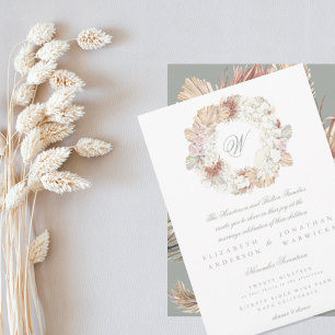 Pampas Wreath Moss Sage Green Monogram Elegant Invitation