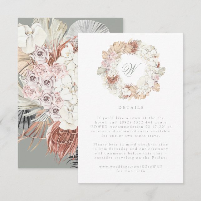 Pampas Wreath Moss Sage Green Monogram Elegant RSVP Card (Front/Back)