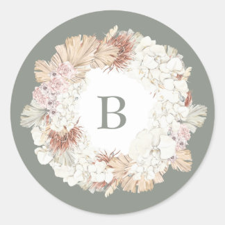 Pampas Wreath Moss Sage Green Monogram Simple Classic Round Sticker