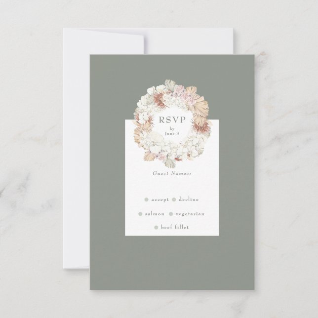 Pampas Wreath Moss Sage Green Monogram Simple RSVP Card (Front)