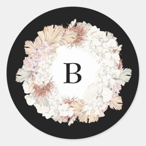 Pampas Wreath Onyx Black Premium Elegant Monogram Classic Round Sticker