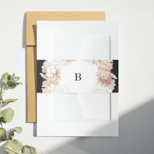 Pampas Wreath Onyx Black Premium Elegant Monogram Invitation Belly Band (Creator Uploaded)