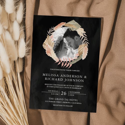Pampas Wreath Photo Dried Palm Black Wedding Invitation