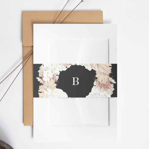 Pampas Wreath Pure Black Premium Elegant Monogram  Invitation Belly Band