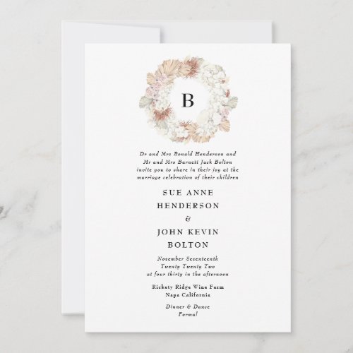 Pampas Wreath Pure White Monogram Wedding Invitation