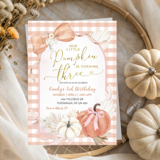 Pampass Gingham Pumpkin 3rd Birthday Invitation (Creator Uploaded)