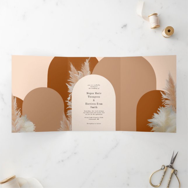 Pampass grass and Arches Wedding Design Tri-Fold Holiday Card (Inside)