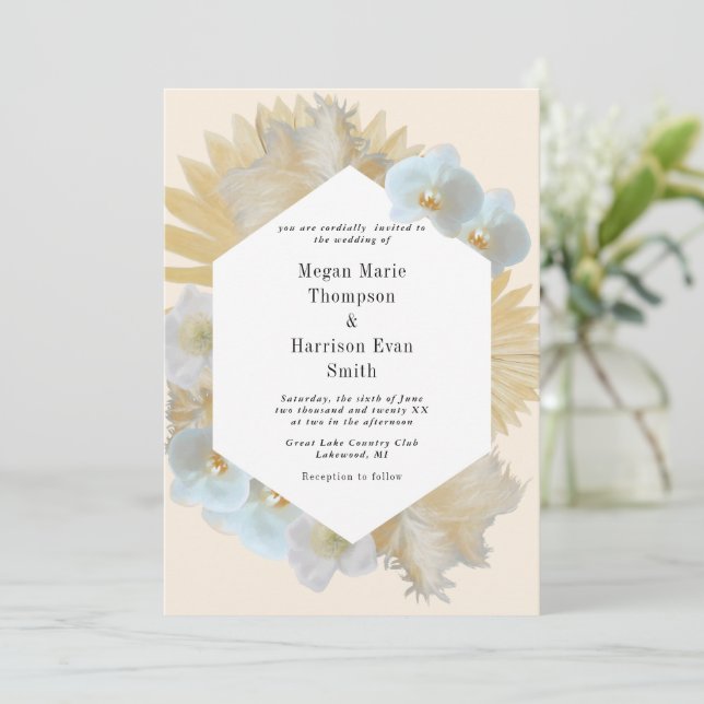 Pampass grass and Orchids Wedding Invitation (Standing Front)