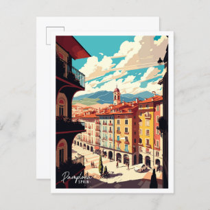 Pamplona Spain Art Vintage Travel Illustration Postcard