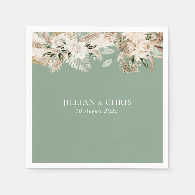 pamps grass sage green floral wedding napkins (Front)