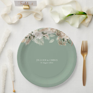 pamps grass sage green floral wedding paper plates