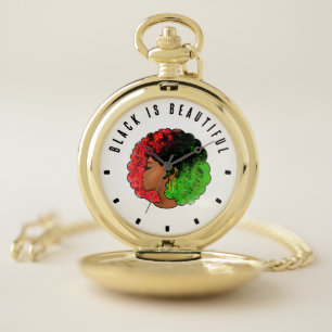 Pan African black girl woman red green pride afro  Pocket Watch