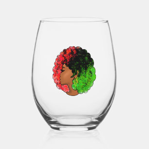 Pan African black girl woman red green pride afro Stemless Wine Glass