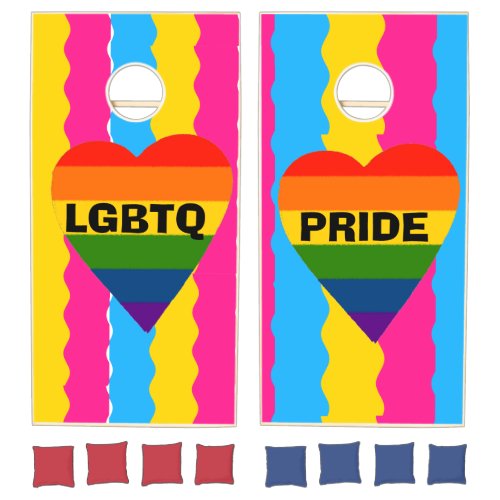 Pan flag LGBTQ pride color heart pride month Cornhole Set