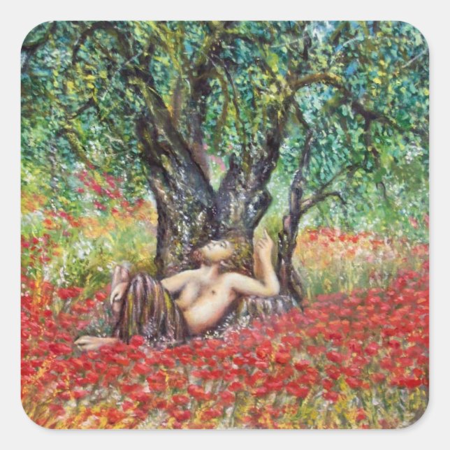 PAN, OLIVE TREE AND POPPY FIELDS SQUARE STICKER (Front)