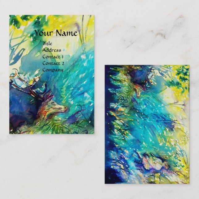 PAN PLAYING FLUTE AND DEER IN GREEN WOODLAND BUSINESS CARD (Front/Back)