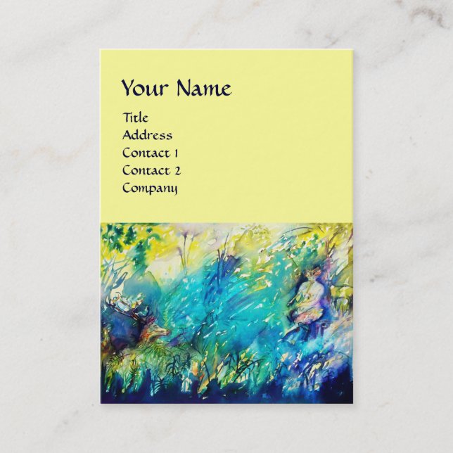 PAN PLAYING FLUTE AND DEER IN GREEN WOODLAND BUSINESS CARD (Front)