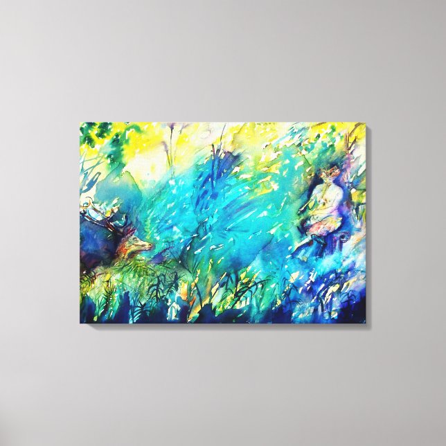 PAN PLAYING FLUTE AND DEER IN GREEN WOODLAND CANVAS PRINT (Front)