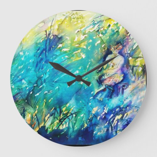 PAN PLAYING FLUTE AND DEER IN GREEN WOODLAND LARGE CLOCK