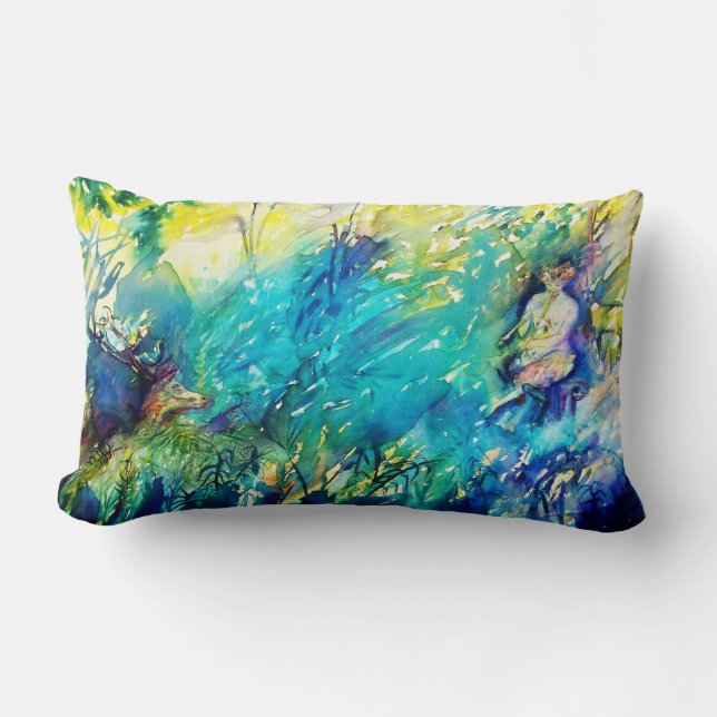 PAN PLAYING FLUTE AND DEER IN GREEN WOODLAND LUMBAR PILLOW (Front)