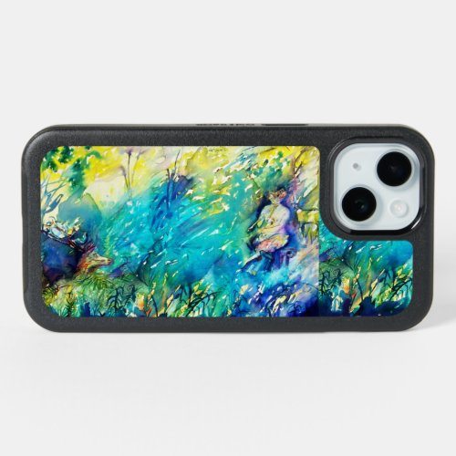 PAN PLAYING FLUTE AND DEER IN GREEN WOODLAND  iPhone 15 CASE