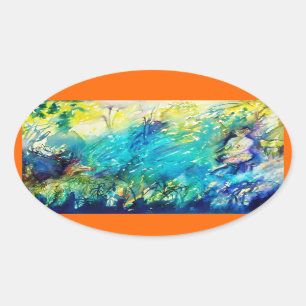 PAN PLAYING FLUTE AND DEER IN GREEN WOODLAND OVAL STICKER