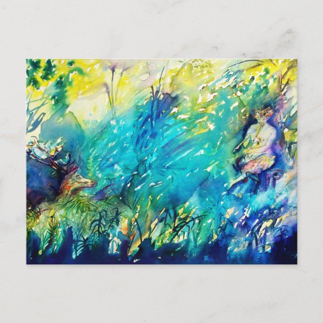 PAN PLAYING FLUTE AND DEER IN GREEN WOODLAND POSTCARD (Front)