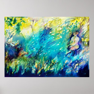 PAN PLAYING FLUTE AND DEER IN GREEN WOODLAND POSTER