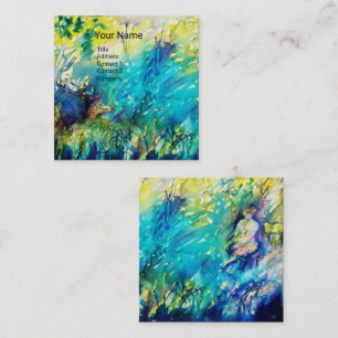 PAN PLAYING FLUTE AND DEER IN GREEN WOODLAND SQUARE BUSINESS CARD