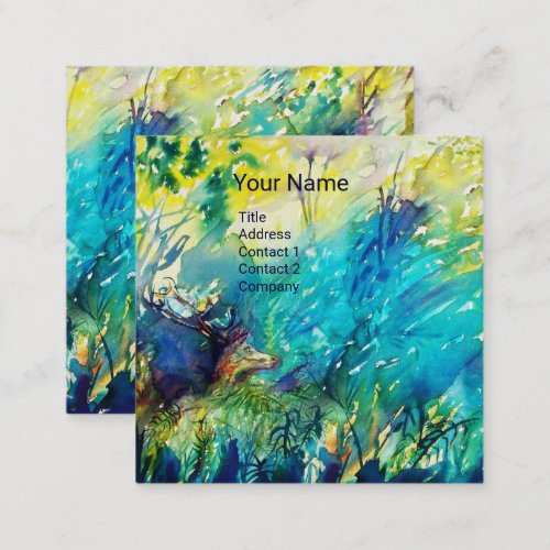 PAN PLAYING FLUTE AND DEER IN GREEN WOODLAND SQUARE BUSINESS CARD