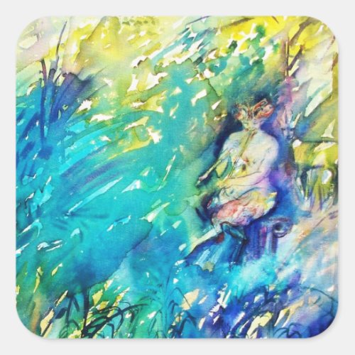 PAN PLAYING FLUTE AND DEER IN GREEN WOODLAND SQUARE STICKER