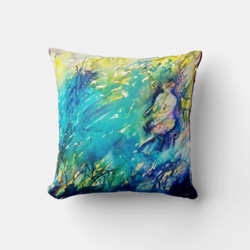 PAN PLAYING FLUTE AND DEER IN GREEN WOODLAND THROW PILLOW