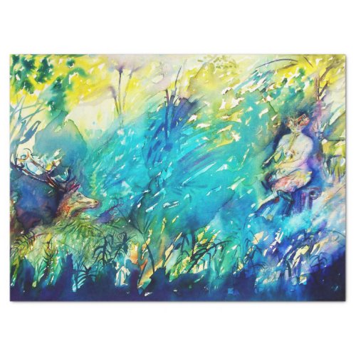 PAN PLAYING FLUTE AND DEER IN GREEN WOODLAND  TISSUE PAPER