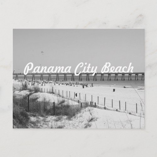 Panama City Beach FL Pier  Beach Black  White Postcard