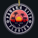 Panama City Beach Florida Retro Sunset Palm Tree Ceramic Ornament<br><div class="desc">These customized Panama City Florida Retro 60s Palm trees Souvenirs. Panama City Beach Florida, retro beach souvenirs. travel design for summer lovers. this retro vintage design is a great holiday, birthday, and summer vacation gift idea. - You can personalize the template by adding a name of your city or location,...</div>