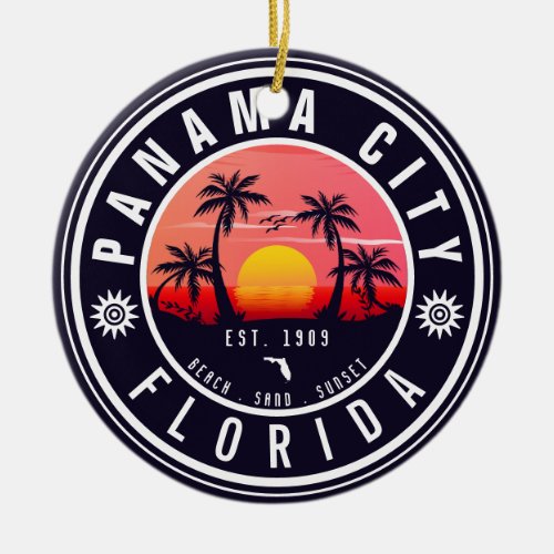 Panama City Beach Florida Retro Sunset Palm Tree Ceramic Ornament