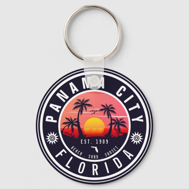 Panama City Beach Florida Retro Sunset Palm Tree Keychain (Front)