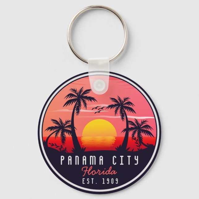 Panama City Beach Florida Retro Sunset Palm Tree Keychain (Front)
