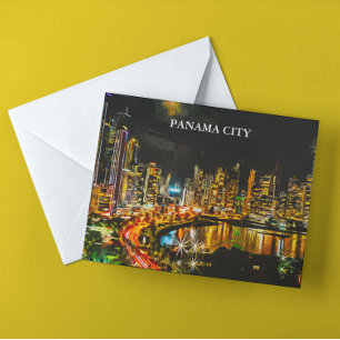 Panama City By Night Panorama View Painting Postcard