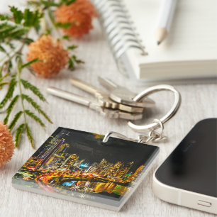 Panama City By Night Watercolor Skyline Painting Keychain