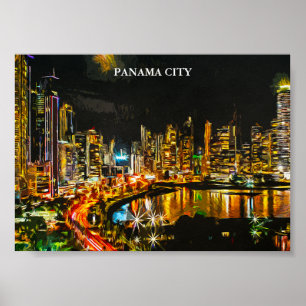 Panama City By Night Watercolor Skyline Painting Poster