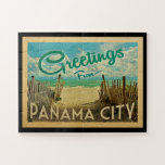 Panama City Jigsaw Puzzle Beach Vintage Travel<br><div class="desc">This Greetings From Panama City vintage postcard design features a sandy beach with a beautiful turquoise ocean water and above the sea,  a blue sky with billowy white clouds. In vintage travels style.</div>