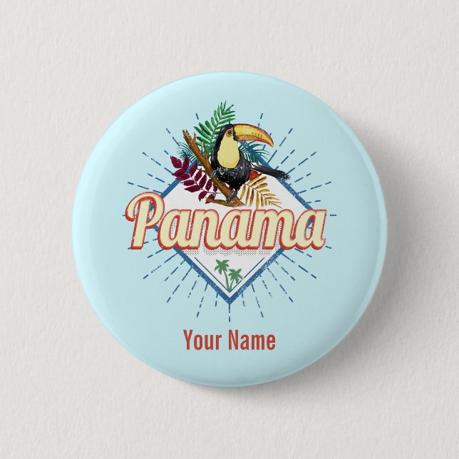 Panama City Toucan Retro Palm Trees Vintage Button (Front)